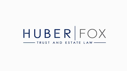 The image is a website logo, a header, and a thumbnail on a website's editing page. The logo features the text "HUBER | FOX TRUST AND ESTATE LAW" in blue and grey.